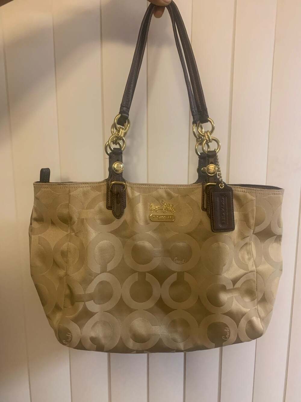 Coach Mia Op Art Sateen Metallic Tote Bag with Leather Trim